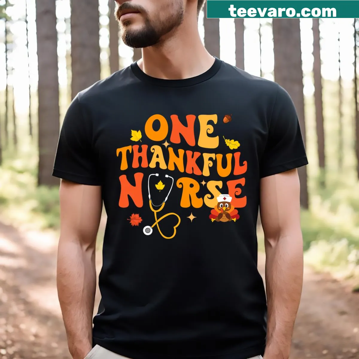Thanksgiving T-shirt for nurses featuring a cute turkey graphic — on a men's t-shirt