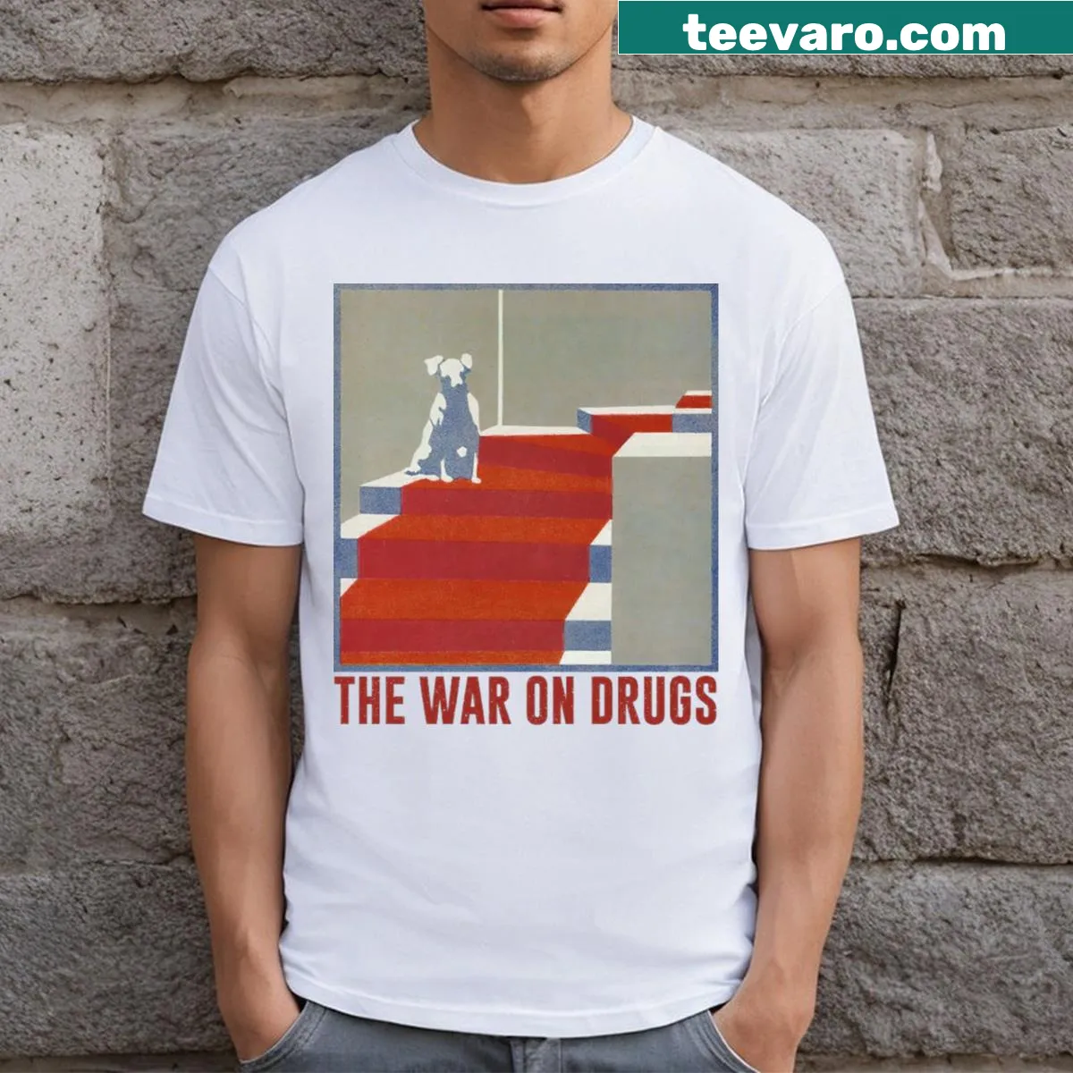 Vintage-distressed t-shirt with an original design inspired by The War On Drugs — on a men's t-shirt