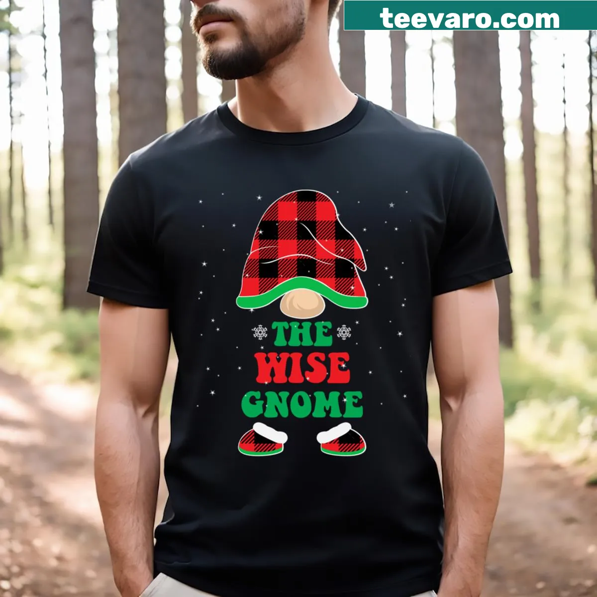Wise gnome festive t-shirt with mistletoe and winter design — on a men's t-shirt