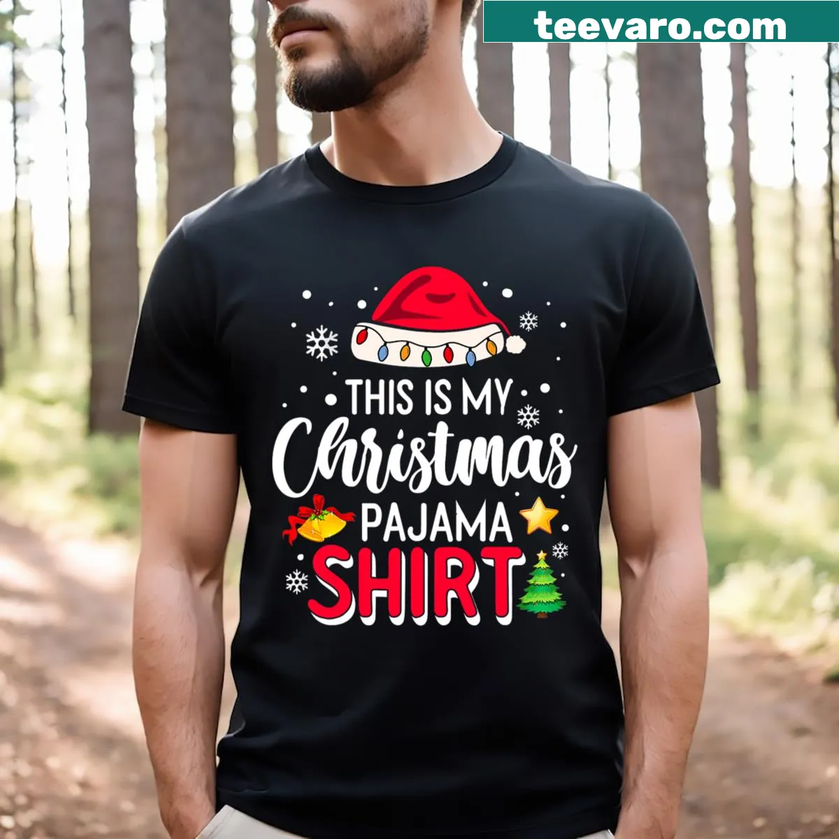 Funny Christmas t-shirt declaring it's a pajama for men — on a men's t-shirt