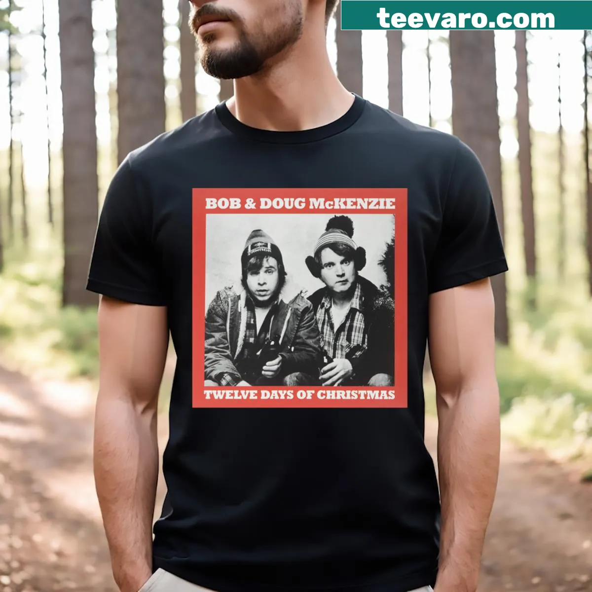 T-shirt featuring Bob and Doug McKenzie from SCTV with Christmas theme — on a men's t-shirt