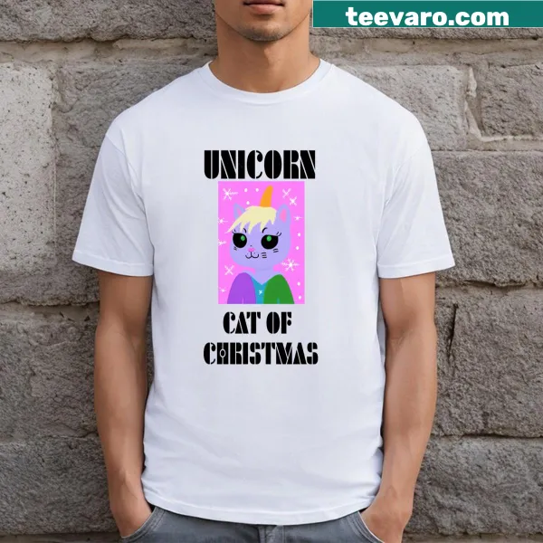 Vintage-style T-shirt with cartoon unicorn cat design for Christmas.