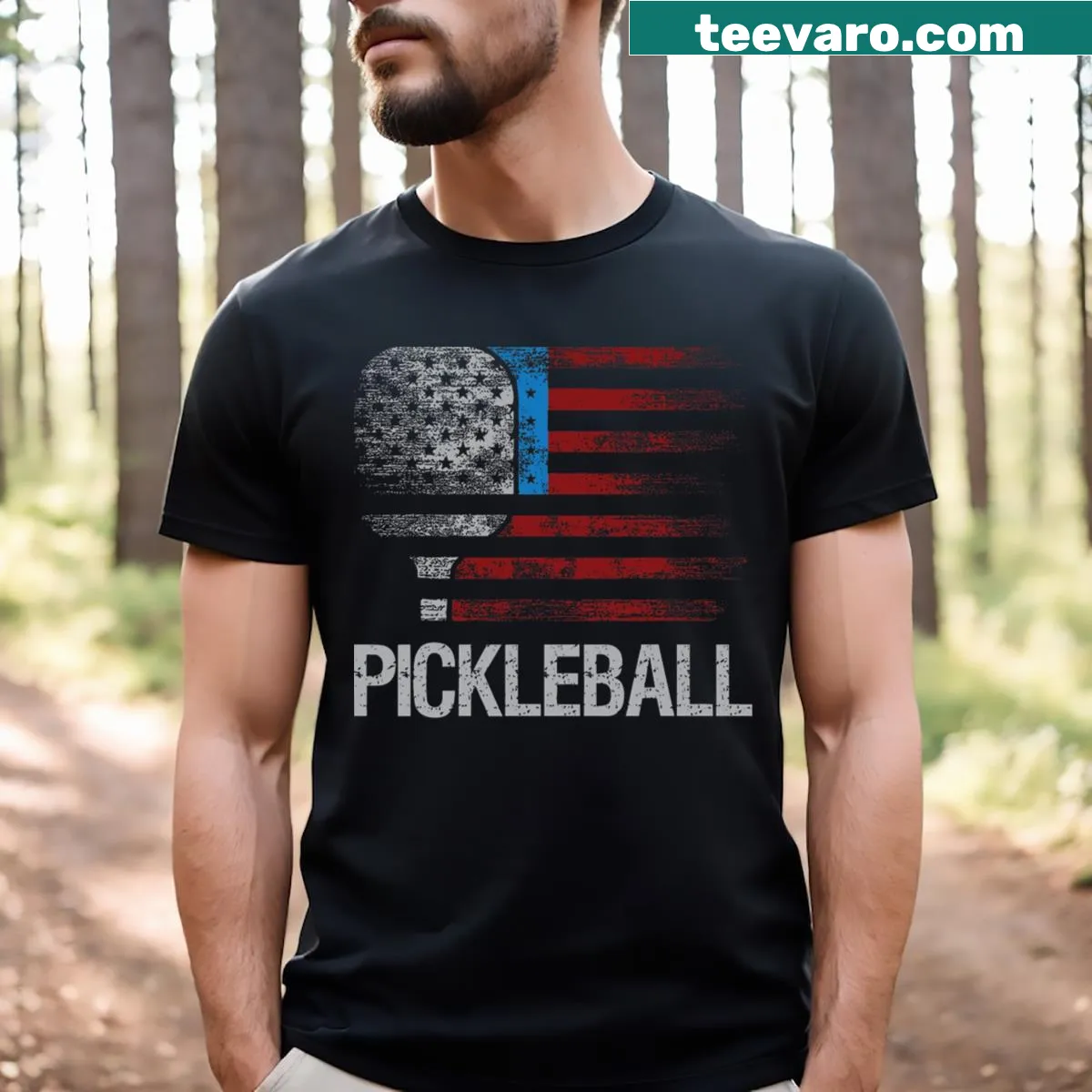 T-shirt featuring a pickleball player and the US flag — on a men's t-shirt