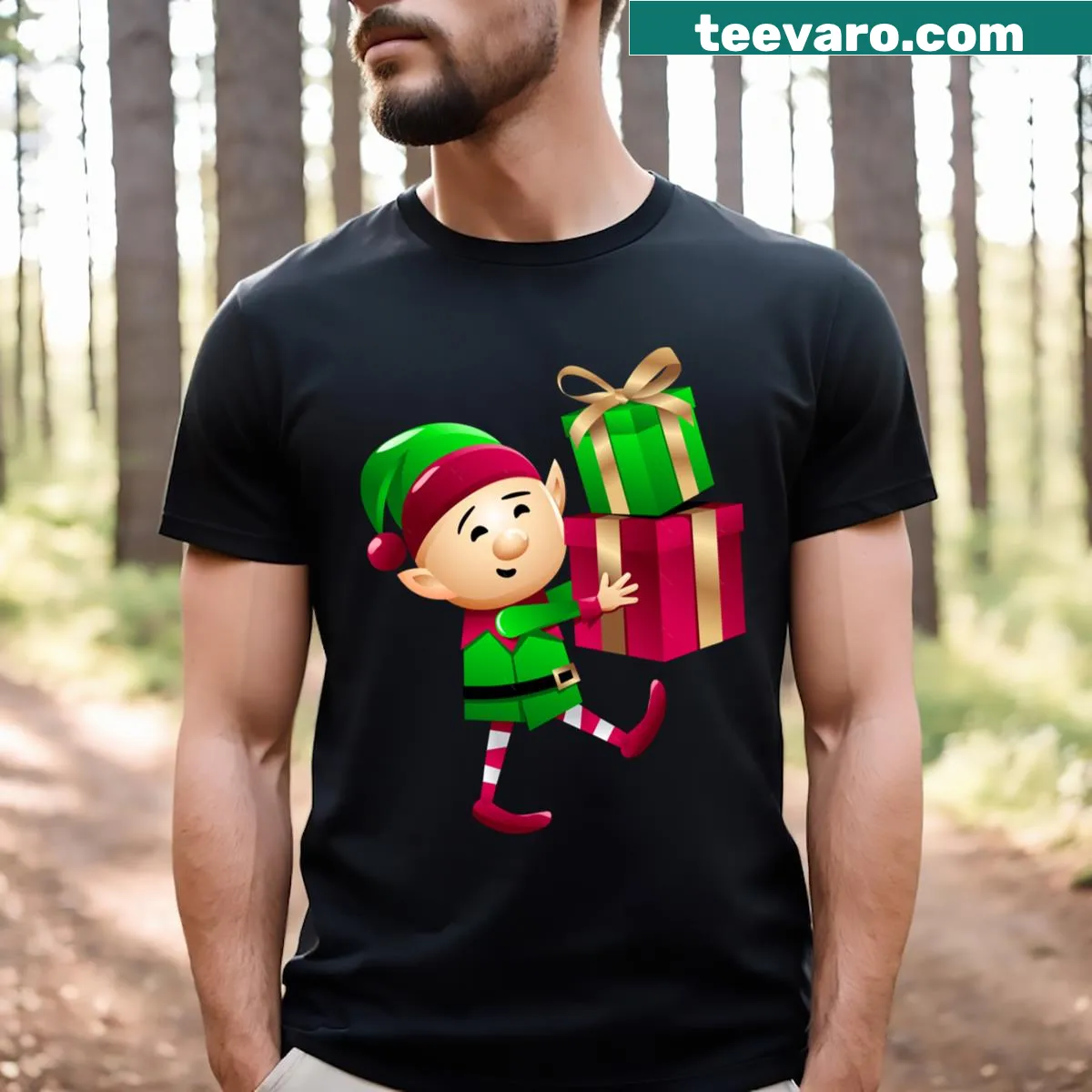T-shirt featuring a cute Christmas elf holding gifts in vector style — on a men's t-shirt
