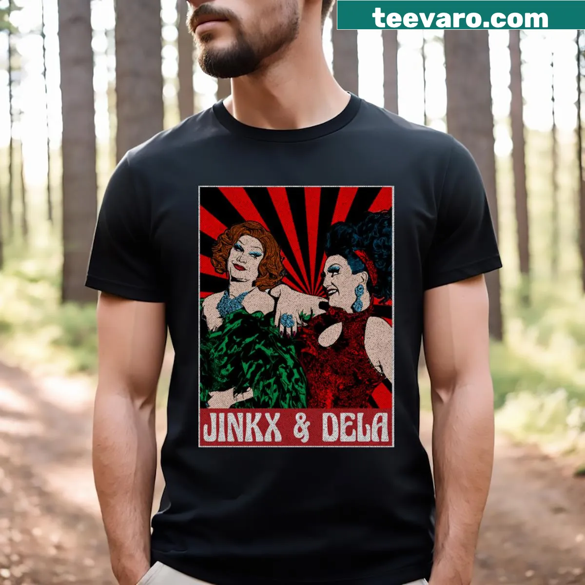 Pop art design featuring Jinkx and Dela on a vintage t-shirt. — on a men's t-shirt