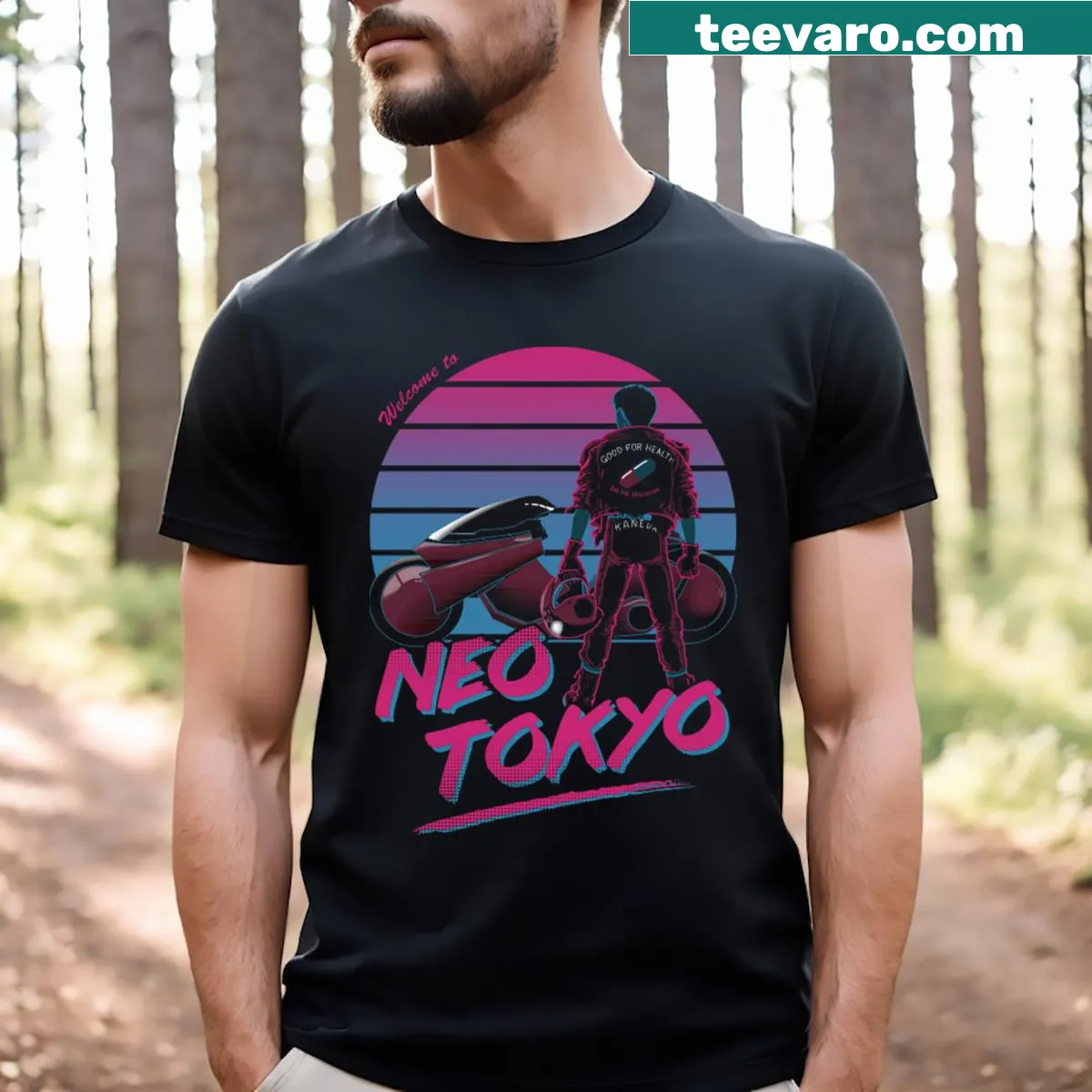 Illustrated T-shirt with Neo Tokyo theme design — on a men's t-shirt