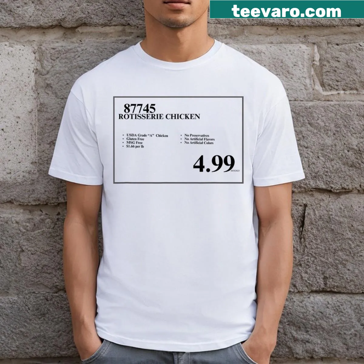 Vintage rotisserie chicken sign t-shirt with playful graphics — on a men's t-shirt