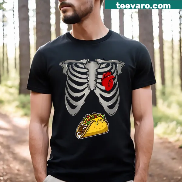 Skeleton holding a taco in a playful Halloween costume t-shirt