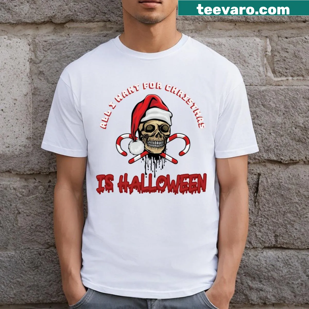 Essential t-shirt with 'All I Want For Christmas Is Halloween' text — on a men's t-shirt