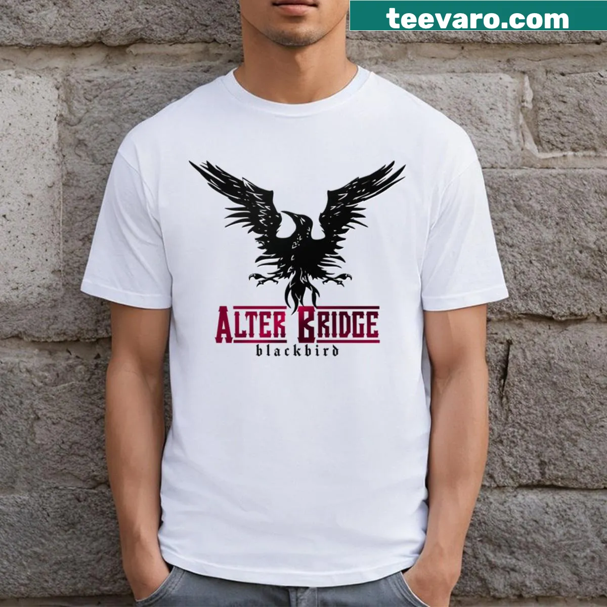 Illustration of a blackbird representing the band Alterbridge on a T-shirt — on a men's t-shirt