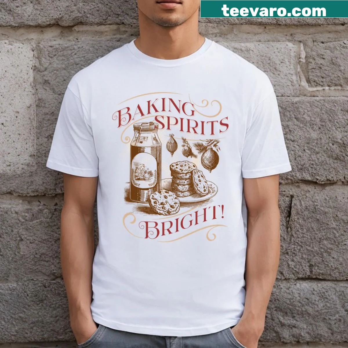 Baking Spirits Bright shirt with whimsical typography for Christmas bakers — on a men's t-shirt
