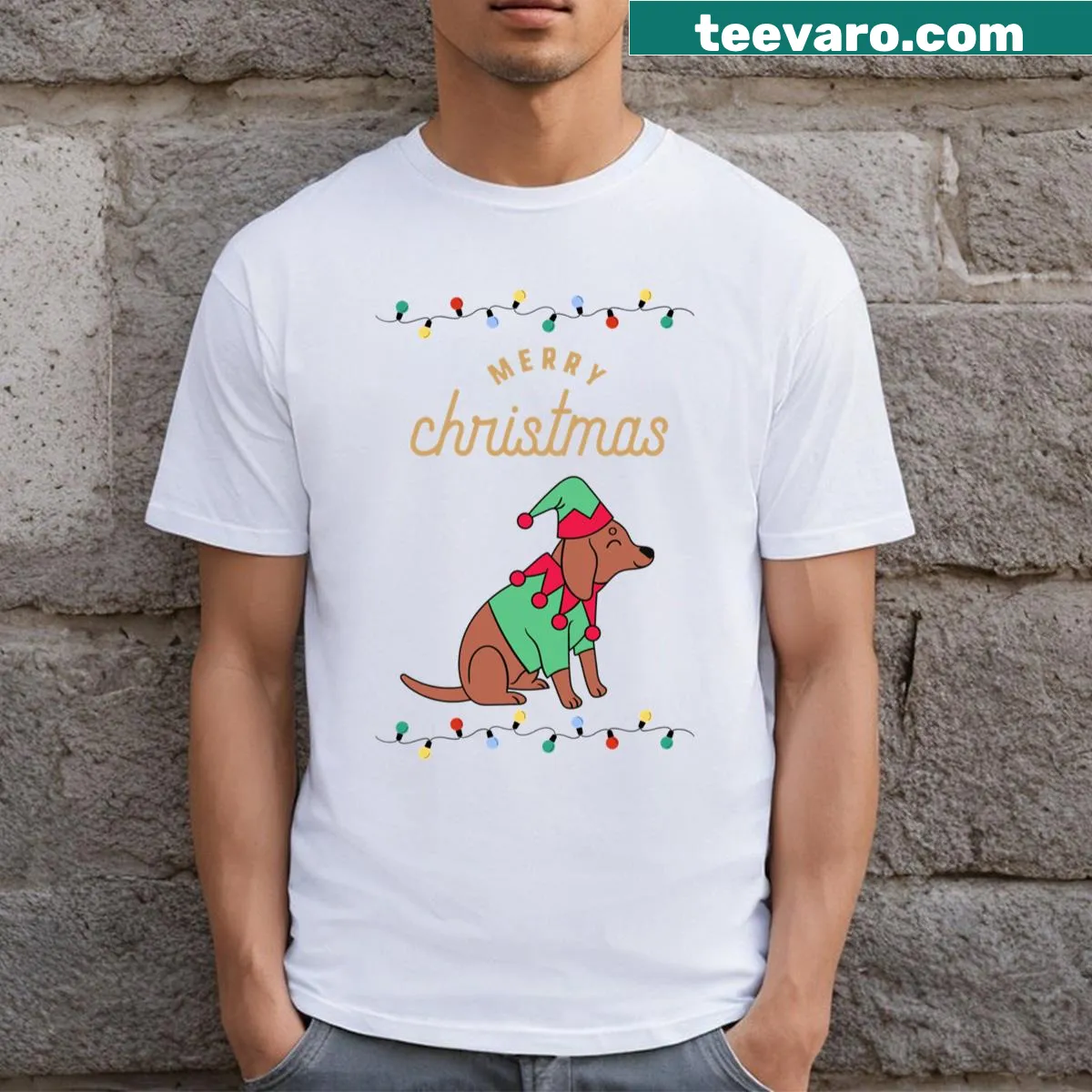 Christmas-themed T-shirt featuring a cute dog graphic — on a men's t-shirt