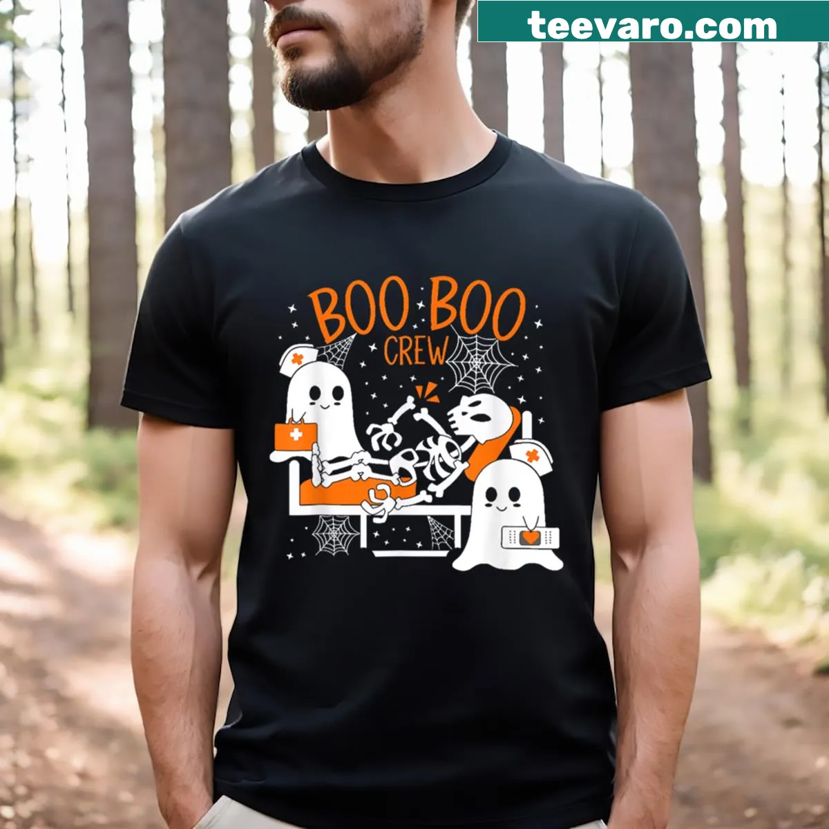 Funny Halloween Nurse T-shirt with 'Boo Boo Crew' design — on a men's t-shirt
