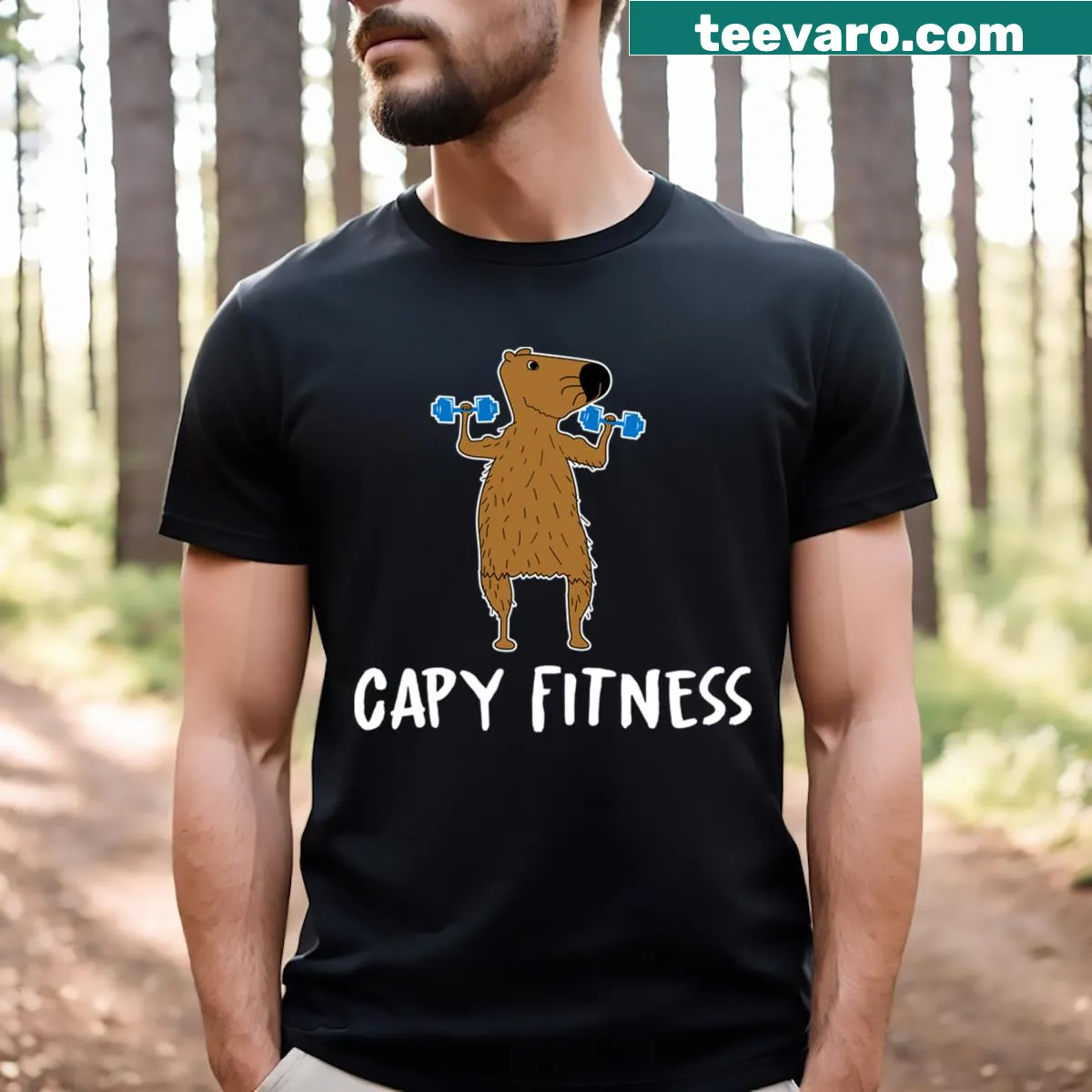Cartoon capybara lifting weights on a fitness T-shirt — on a men's t-shirt