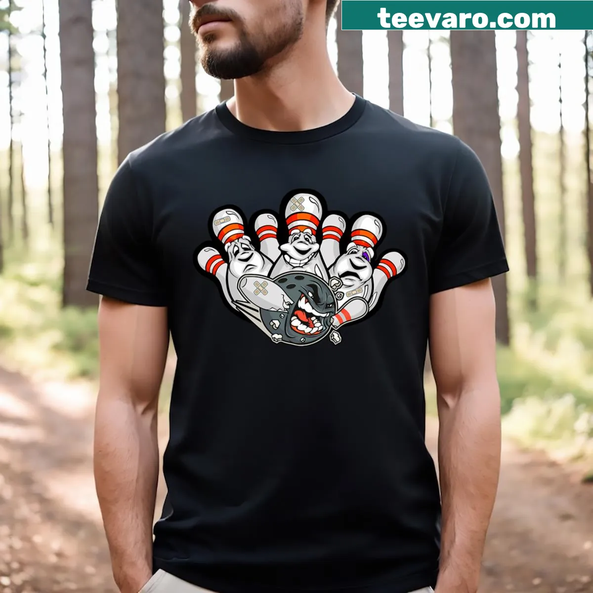 Funny Halloween T-shirt featuring a scared bowling pins cartoon — on a men's t-shirt
