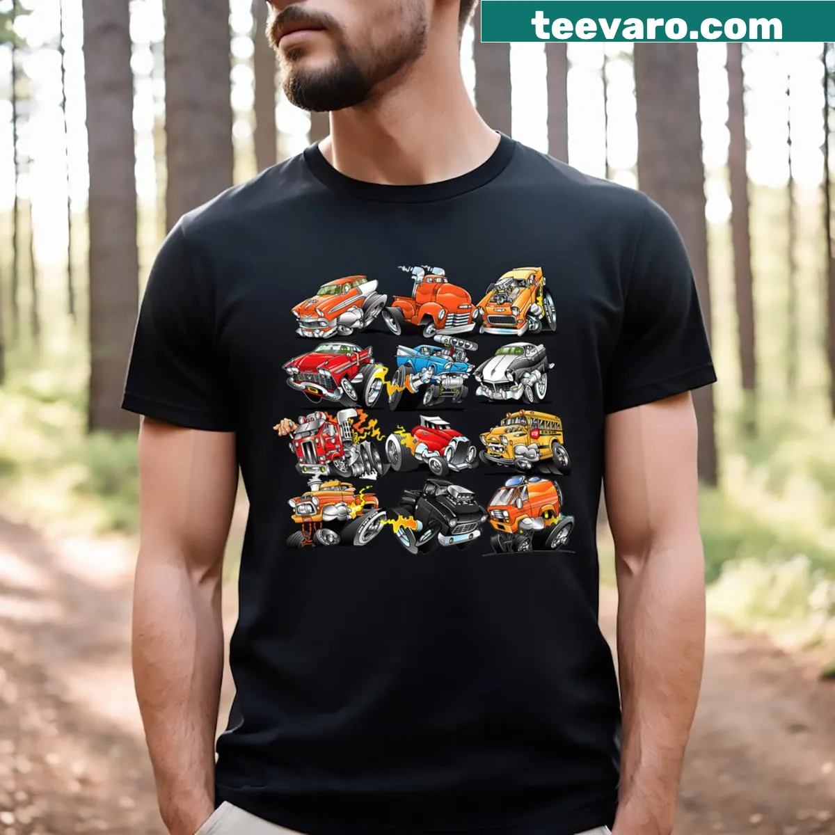 Vintage cartoon muscle cars and hot rods t-shirt — on a men's t-shirt