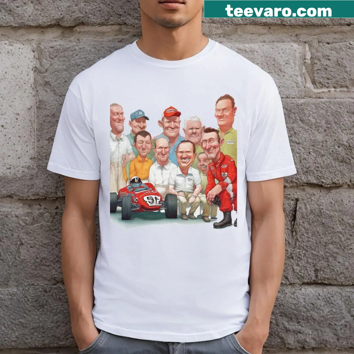 Funny T-shirt featuring a cartoon race car team — on a men's t-shirt