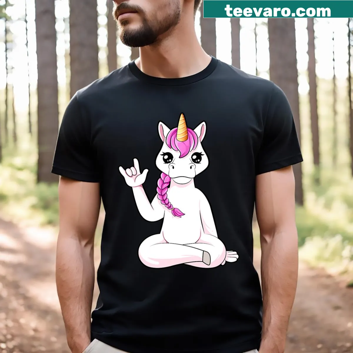 Cartoon unicorn making I love you ASL gesture graphic on t-shirt — on a men's t-shirt