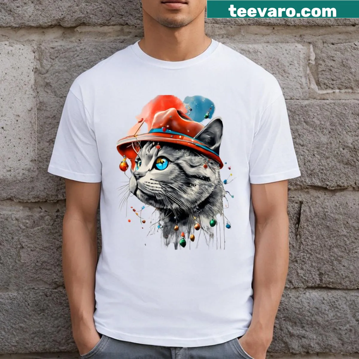 T-shirt featuring a cat tangled in Christmas lights graphic — on a men's t-shirt