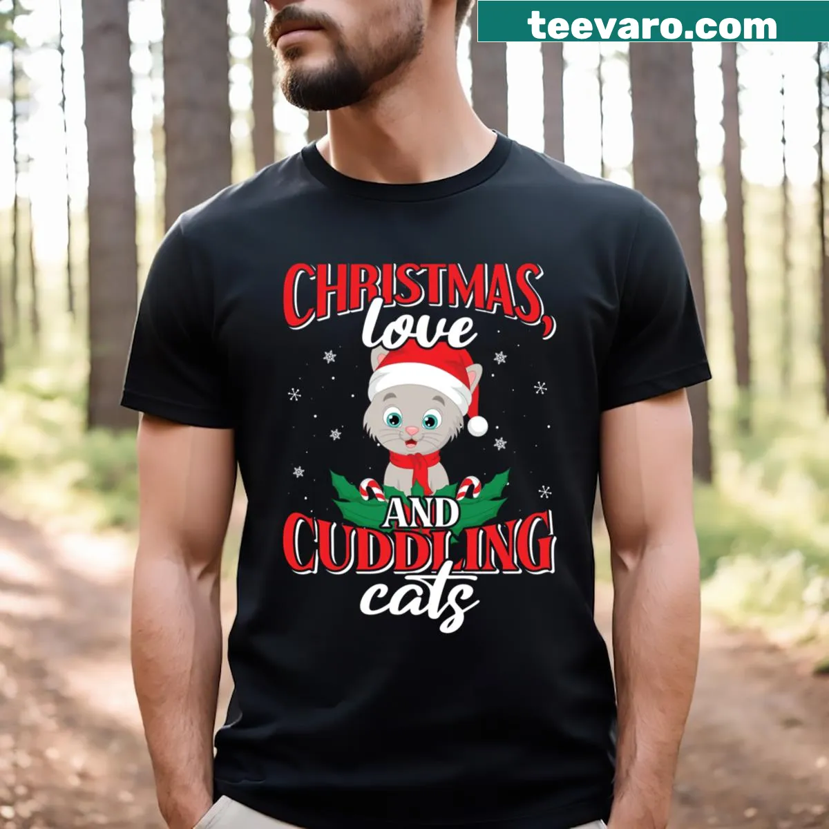 Cuddling cats theme on a Christmas T-shirt — on a men's t-shirt