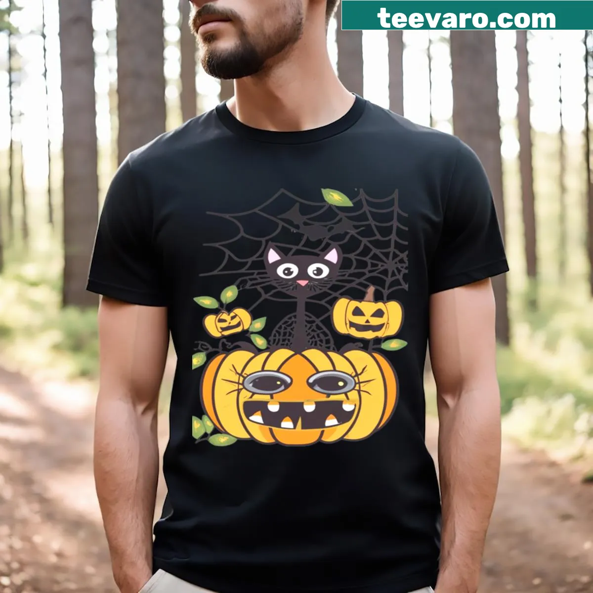 Funny Halloween T-shirt with cat, pumpkin, and spider web illustration — on a men's t-shirt