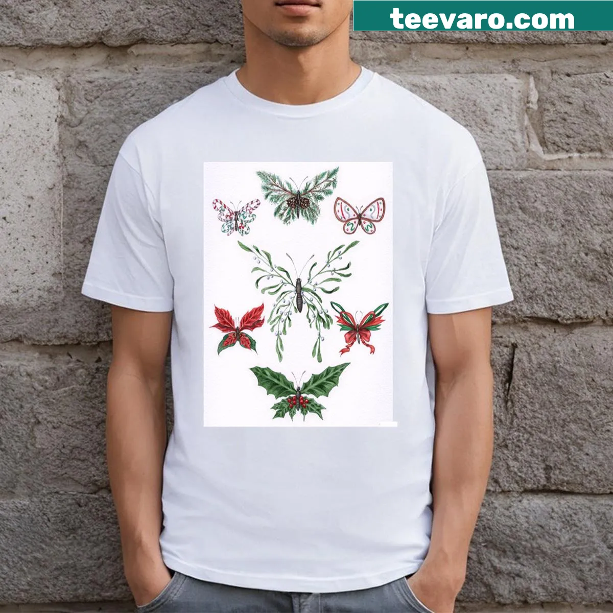 Christmas T-shirt with whimsical butterfly designs — on a men's t-shirt