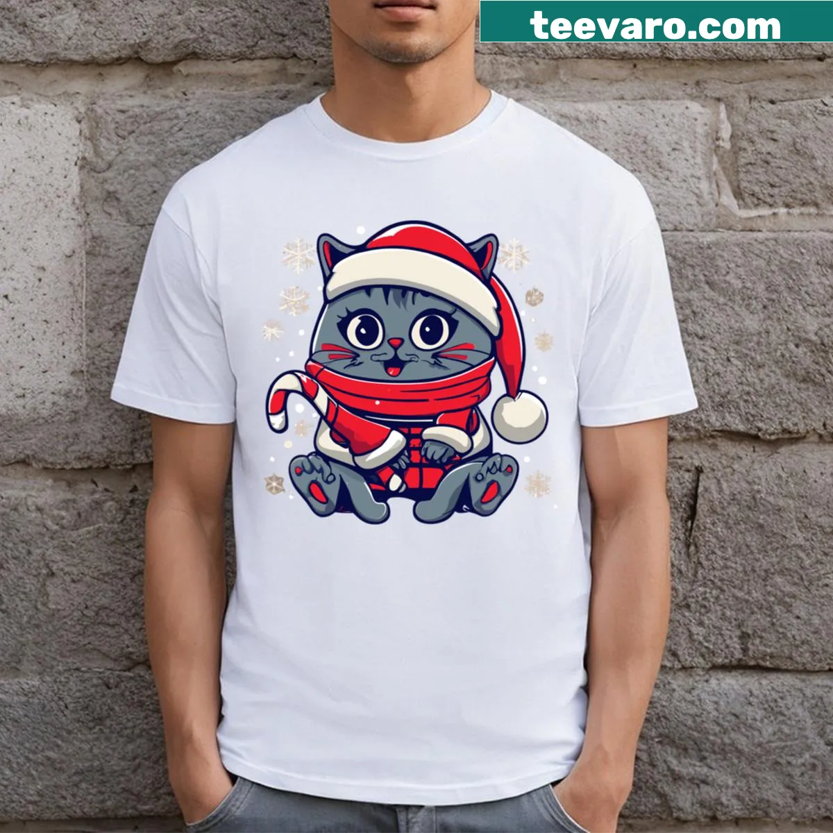 Cute cat illustration on Christmas T-shirt — on a men's t-shirt