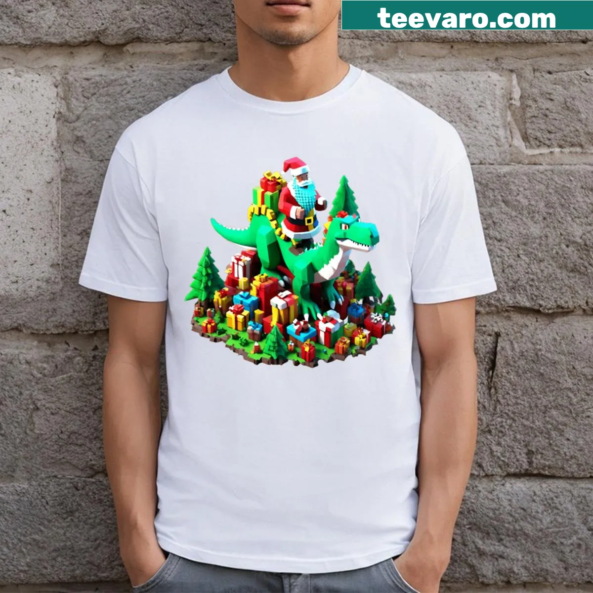 Kids Christmas T-shirt with dinosaur and Santa design — on a men's t-shirt