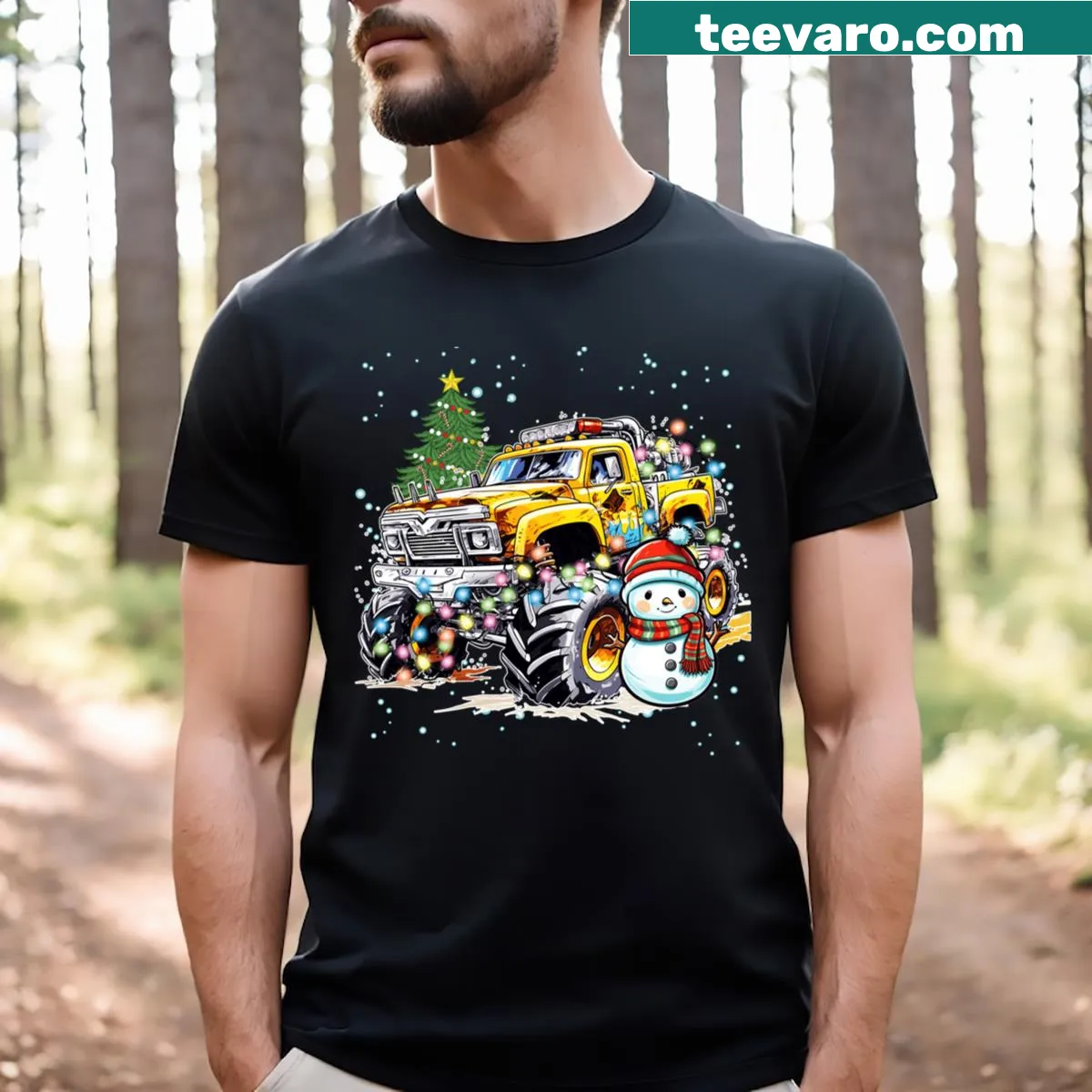 T-shirt with a monster truck carrying a snowman and Christmas lights — on a men's t-shirt