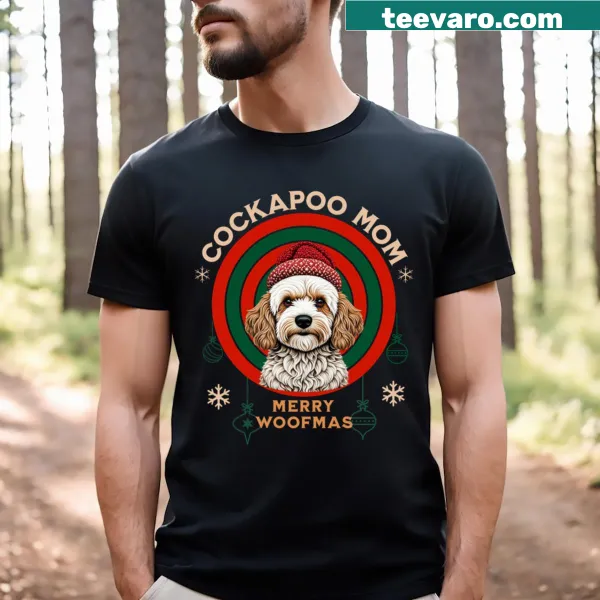 Festive Woofmas shirt for Cockapoo moms featuring playful graphics