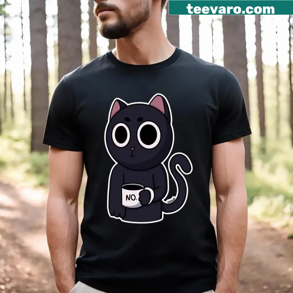 Humorous cat-themed shirt featuring a cartoon cat and coffee message