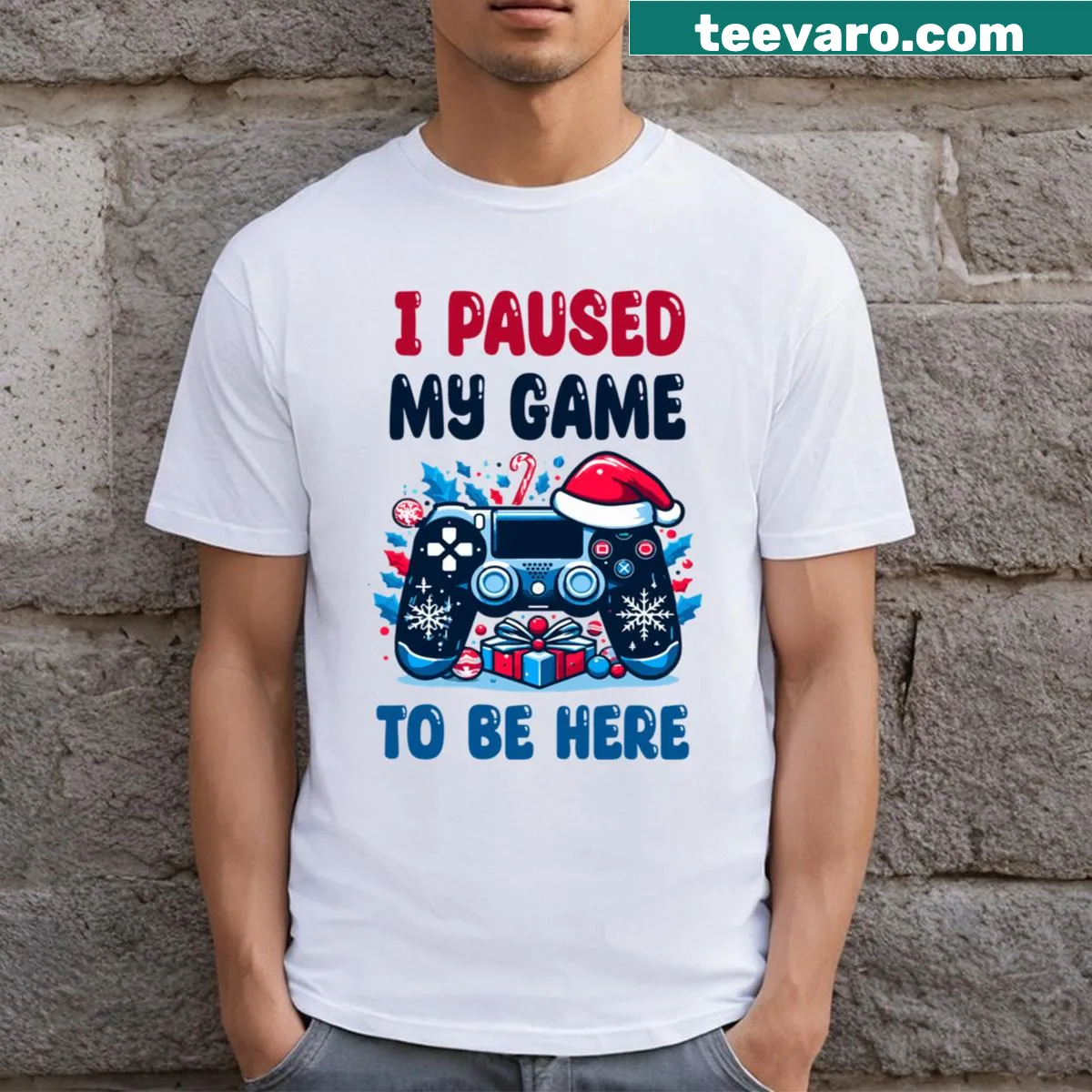 Funny gamer shirt with the quote about pausing games for Christmas — on a men's t-shirt