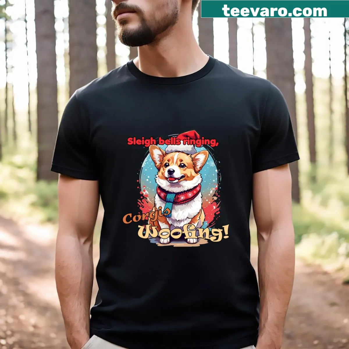 Cute T-shirt featuring a Corgi in a Christmas theme — on a men's t-shirt