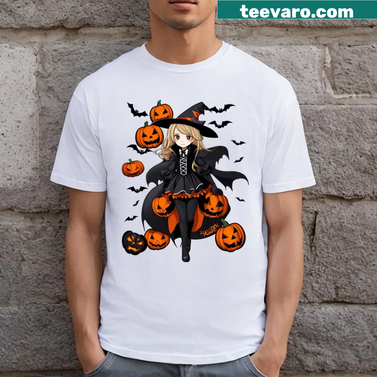 Cute Halloween-themed T-shirt with charming cartoon designs — on a men's t-shirt