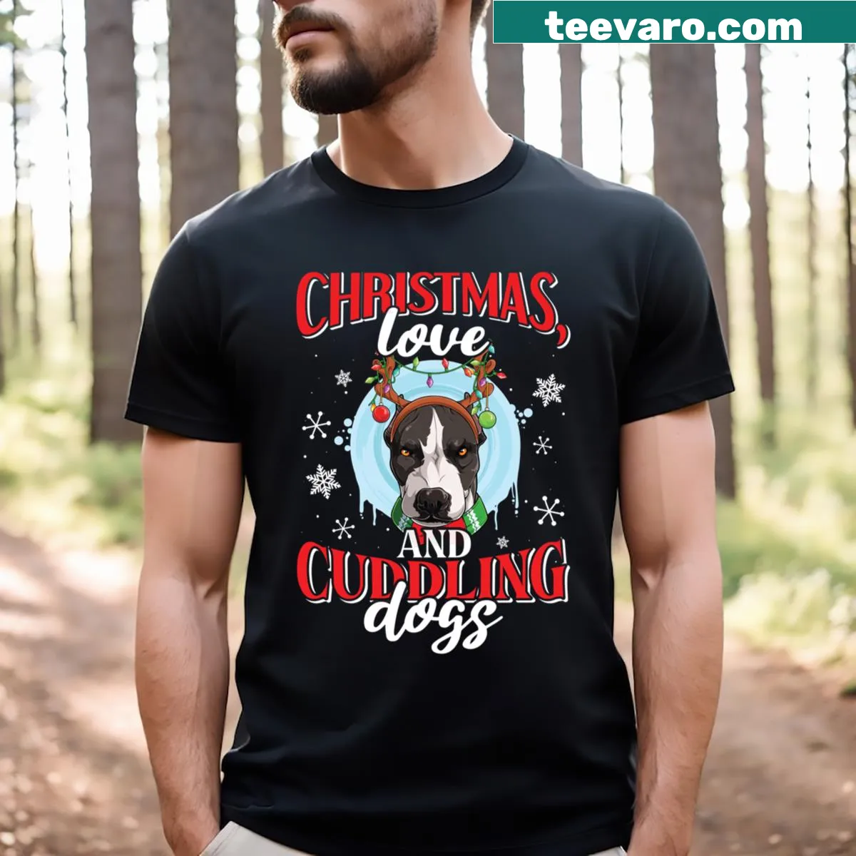 Christmas t-shirt featuring pit bull dogs — on a men's t-shirt