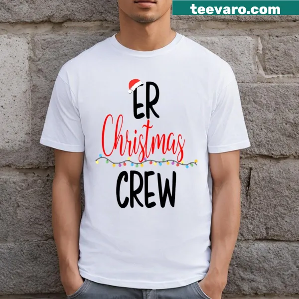 Funny nurse t-shirt with 'Er Christmas Crew' text in bold typography.