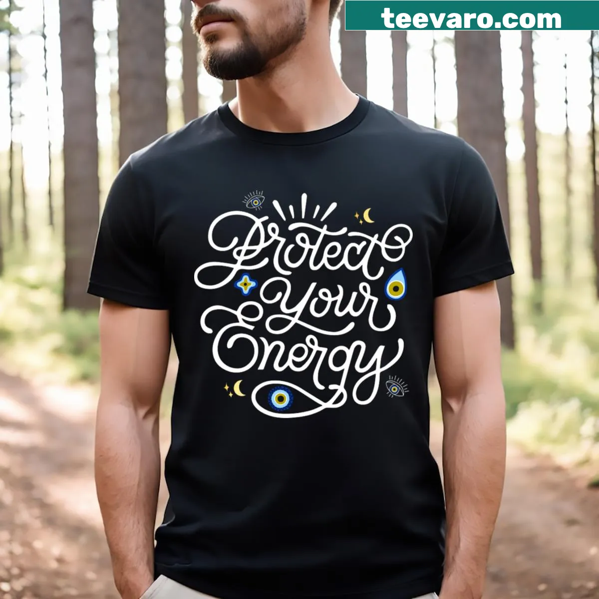 Illustrated Hamsa symbol with evil eye design for good luck. — on a men's t-shirt