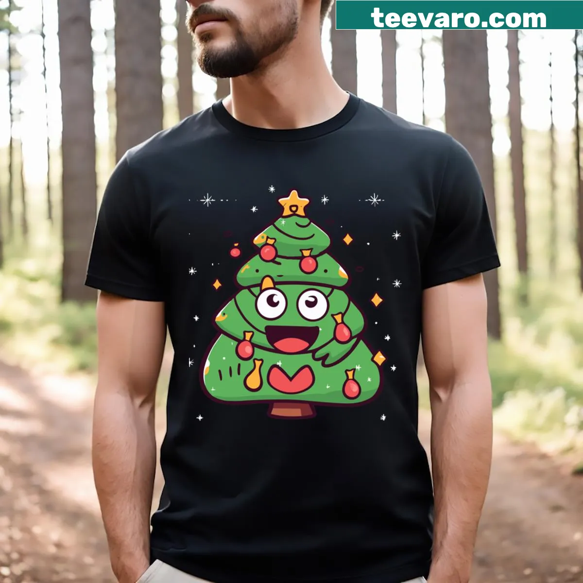Gift idea festive Christmas tree emoji shirt for the holiday spirit — on a men's t-shirt