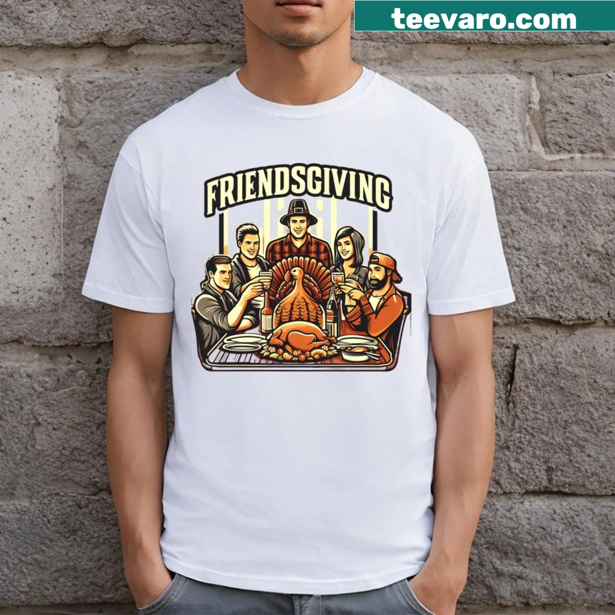 Funny Friendsgiving Squad Thanksgiving t-shirt with playful typography — on a men's t-shirt