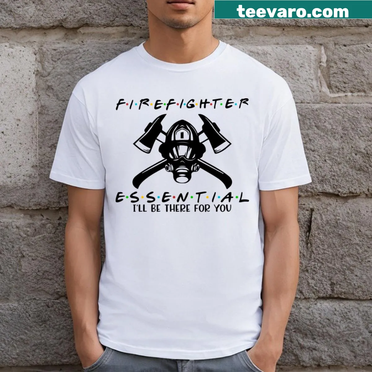 Essential Front Line Firefighter t-shirt with bold typography — on a men's t-shirt