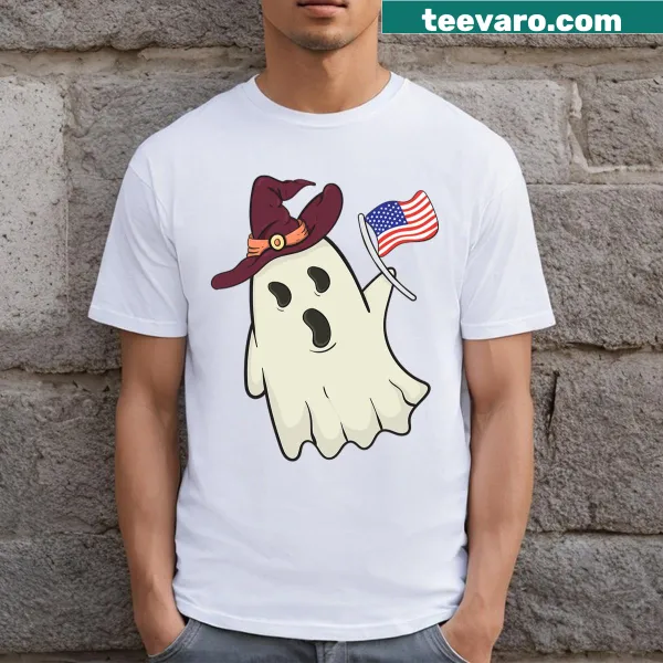 Cartoon ghost with an American flag in a Halloween t-shirt