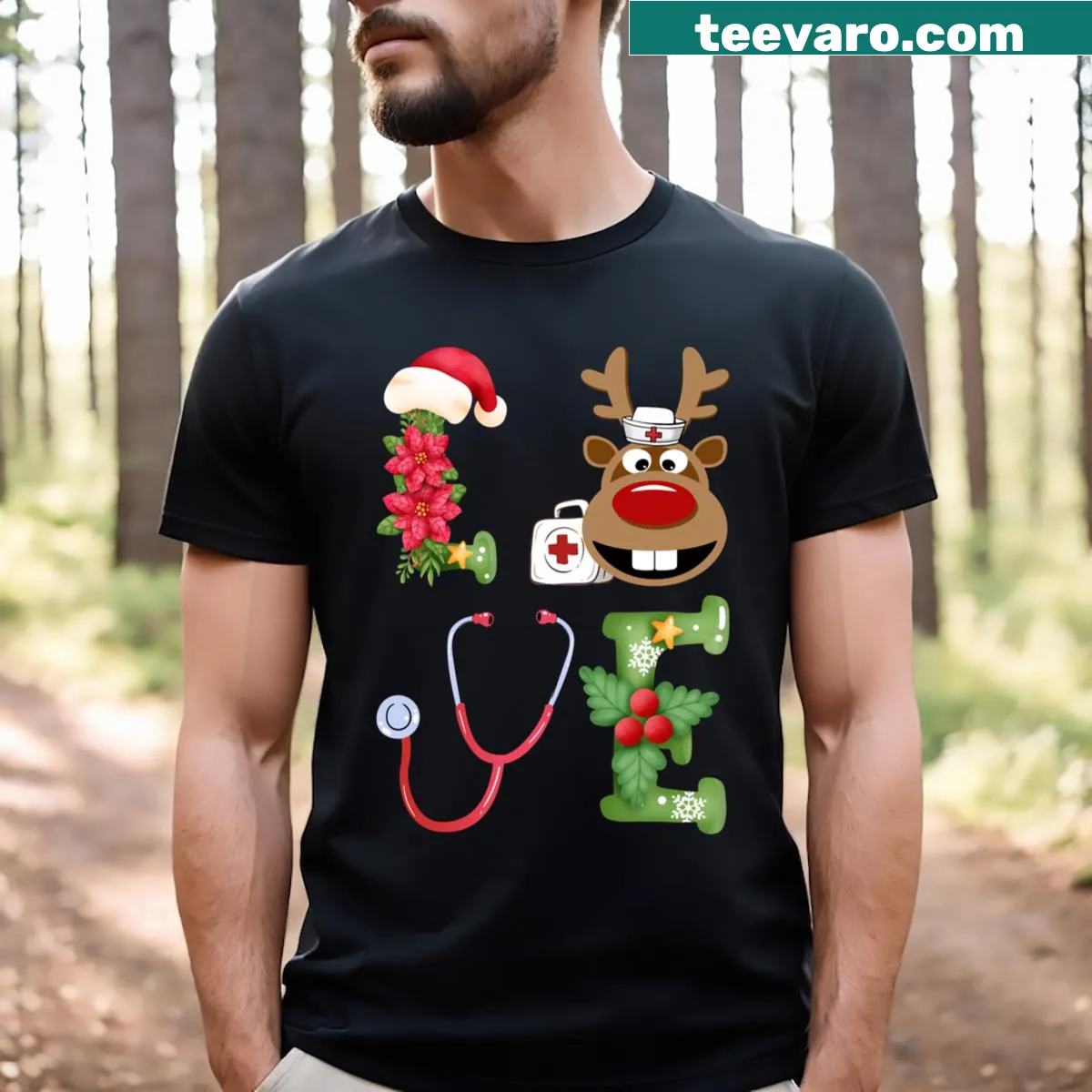 Humorous Christmas T-shirt for nurses featuring festive graphics — on a men's t-shirt