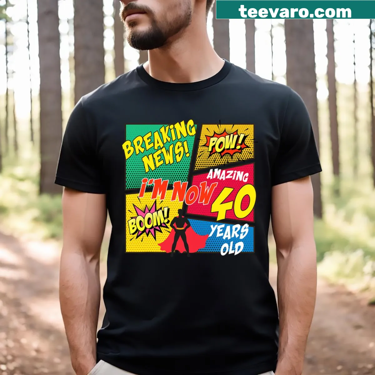 Birthday T-shirt for comic lovers with humorous 40th birthday text — on a men's t-shirt