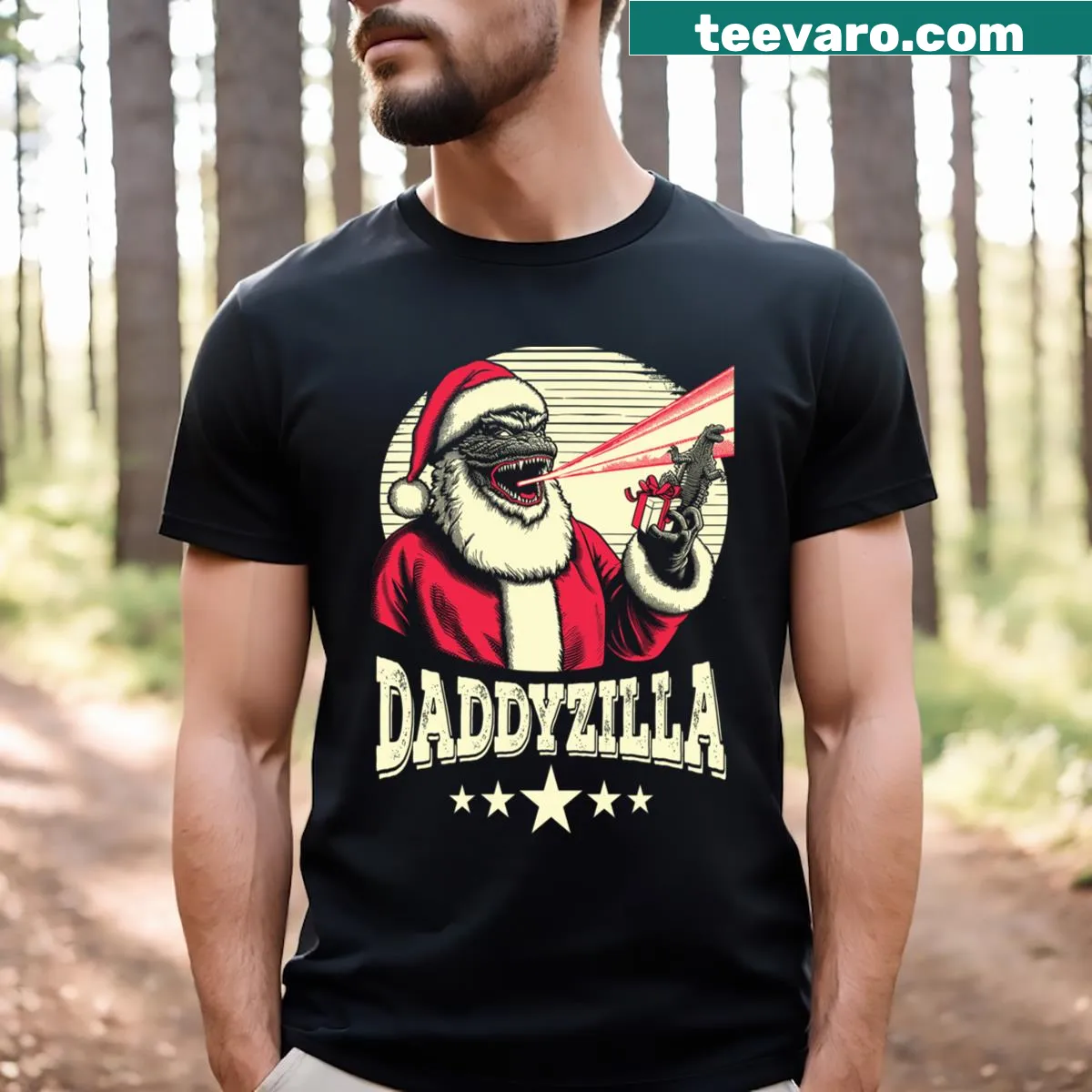 Funny Daddyzilla cartoon design T-shirt for dads — on a men's t-shirt