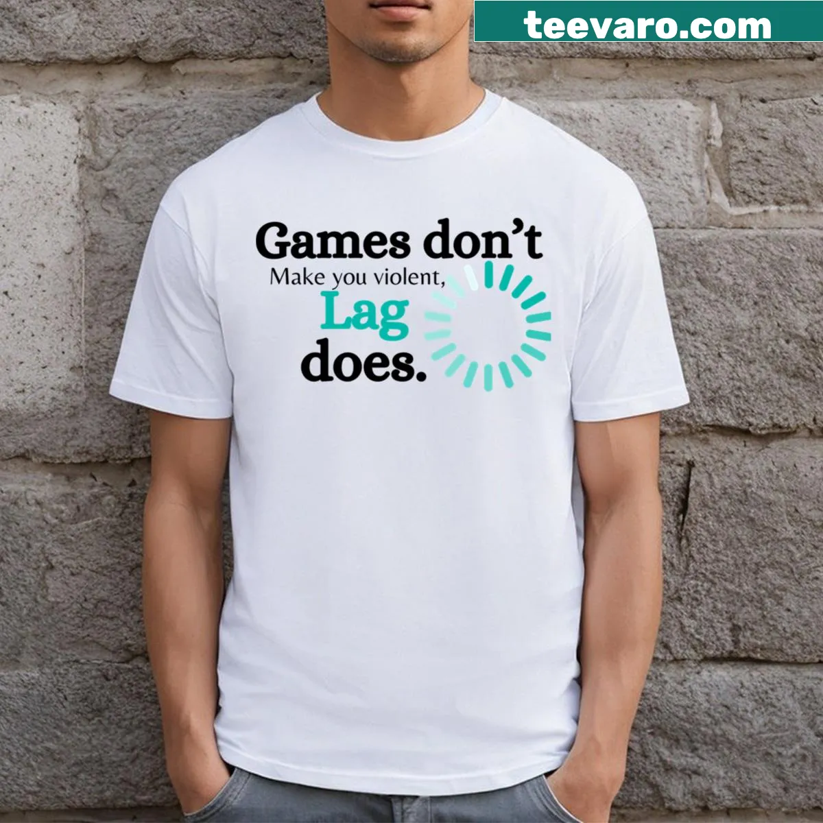 Humorous gaming T-shirt with a witty slogan about lag. — on a men's t-shirt