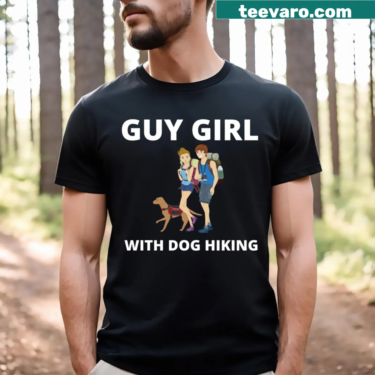 T-shirt with an illustration of a couple hiking with a Bernedoodle — on a men's t-shirt