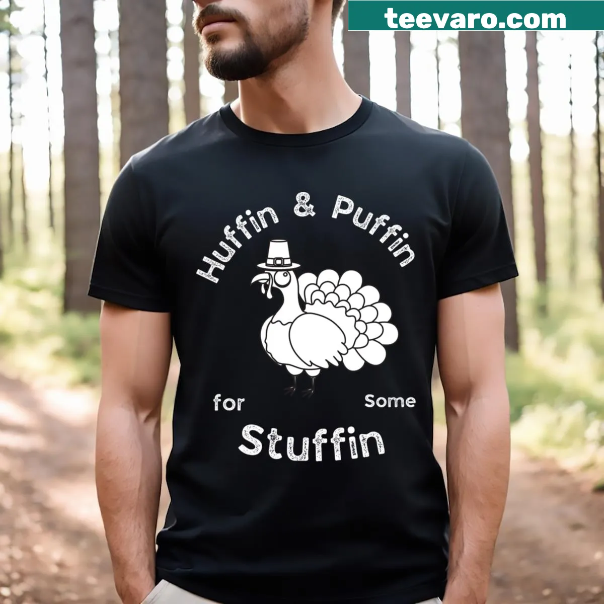 Humorous Thanksgiving T-shirt about stuffing and turkey — on a men's t-shirt