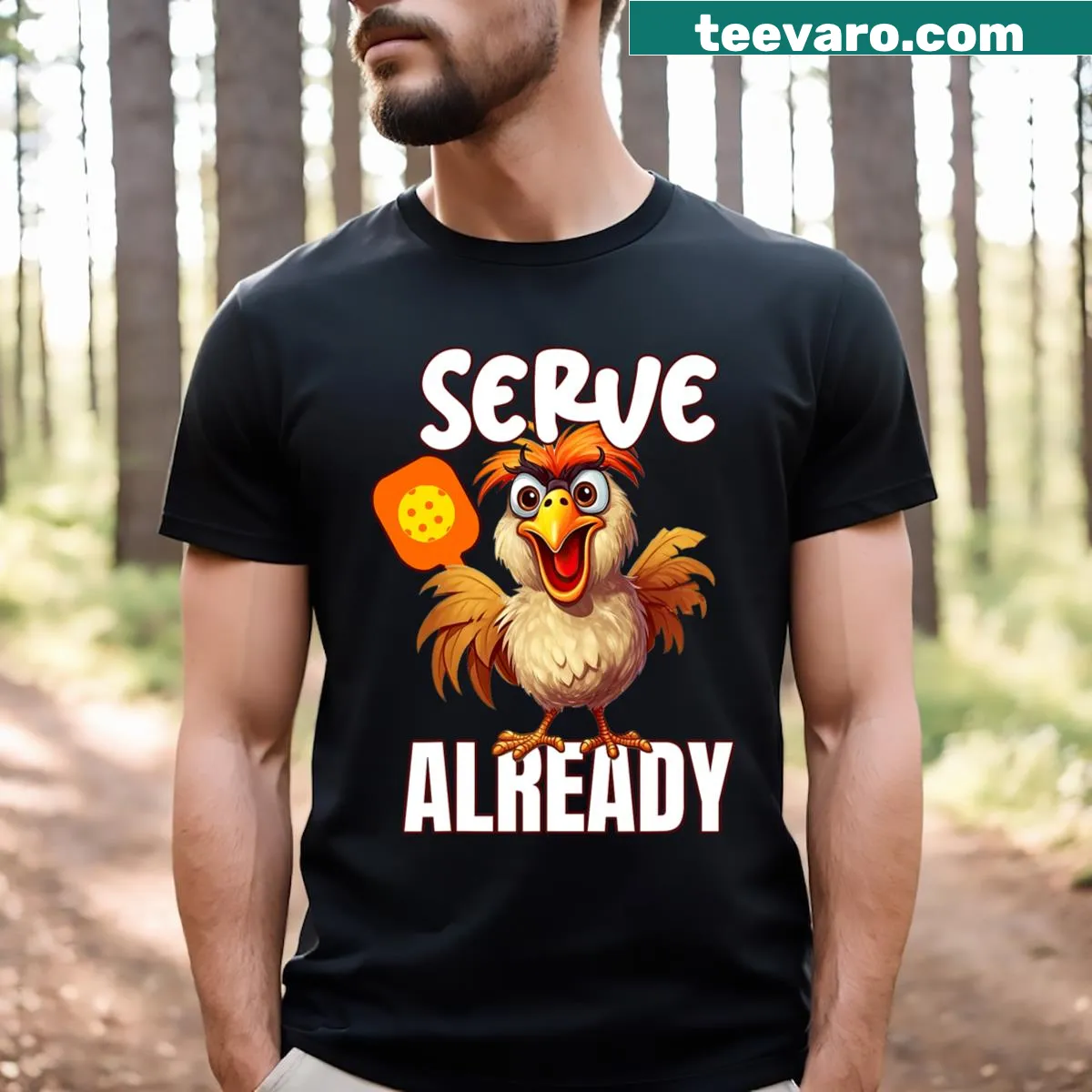 Crazy cartoon chicken with pickleball sayings on a T-shirt — on a men's t-shirt