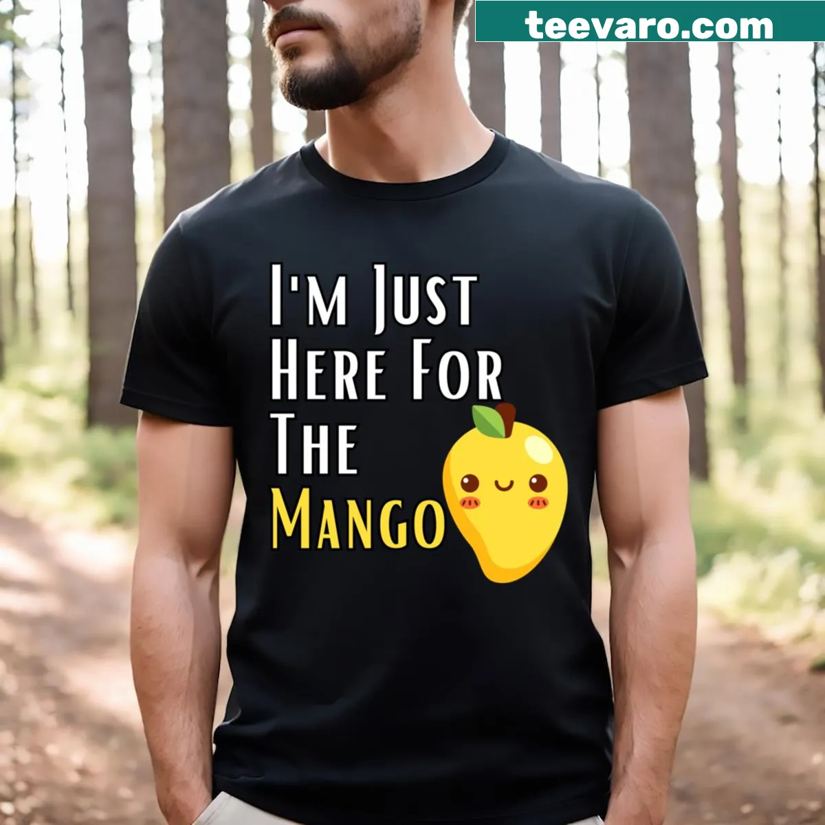 Funny vegan t-shirt with mango graphic and humorous text — on a men's t-shirt