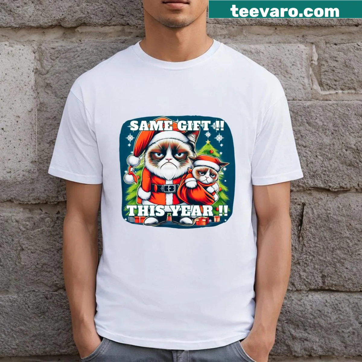 Humorous t-shirt combining Halloween, Thanksgiving, and Christmas themes — on a men's t-shirt